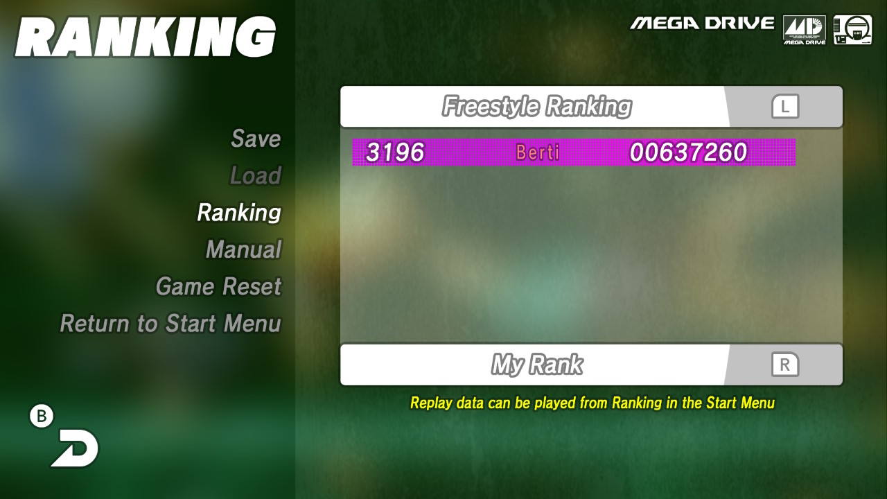 Screenshot: Thunder Force IV online leaderboards of Freestyle mode using the ship Rynex, showing Berti at 4301 place with a score of 637 260